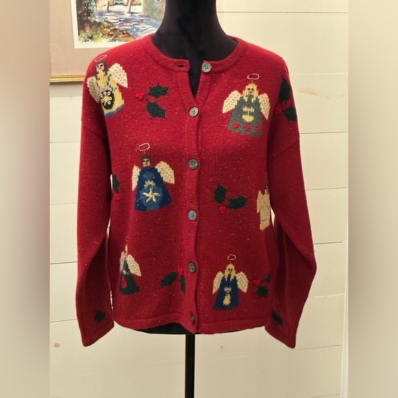 Talbert’s Sweaters - Talbots Vintage Lambswool Angel Christmas Cardigan Sweater Red Size L classy